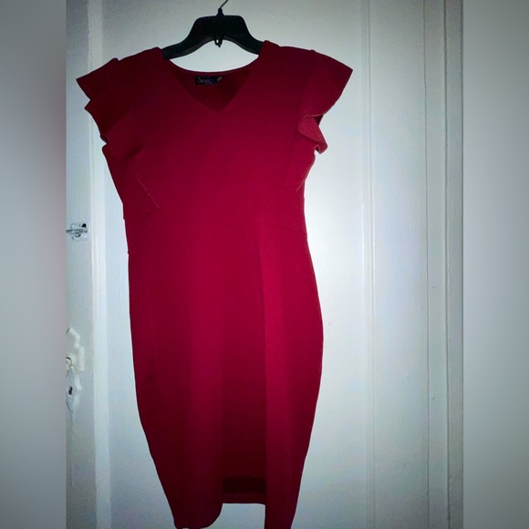 Stefano Di Roma Short Sleeve Flutter Sleeve Shift Dress - Wine Red - Picture 2 of 5